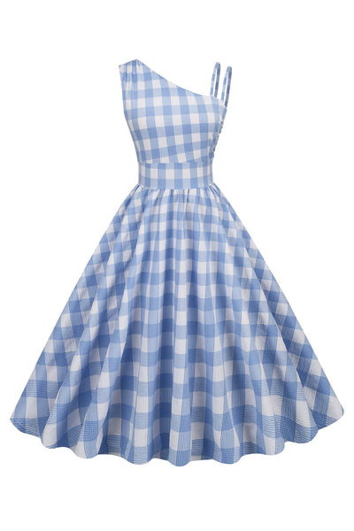 Abito Asimmetrico Vintage Con Plaid Blu