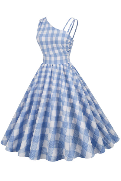 Abito Asimmetrico Vintage Con Plaid Blu