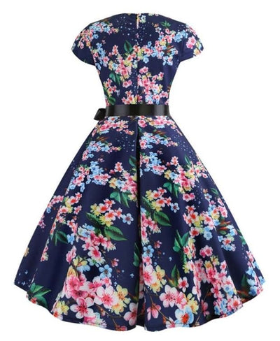 Abito Svasato Vintage Blu Con Foglioline