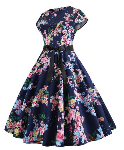 Abito Svasato Vintage Blu Con Foglioline