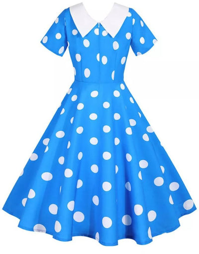 Abito Vintage Blu Con Pois Bianchi