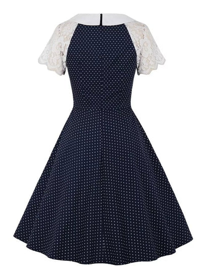 Abito Vintage Blu Con Colletto In Pizzo