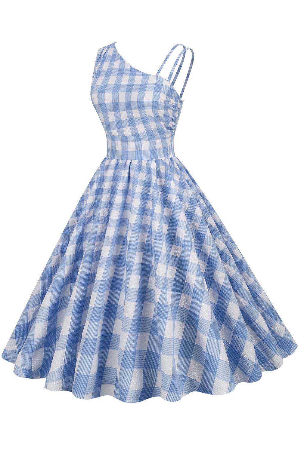 Abito Asimmetrico Vintage Con Plaid Blu
