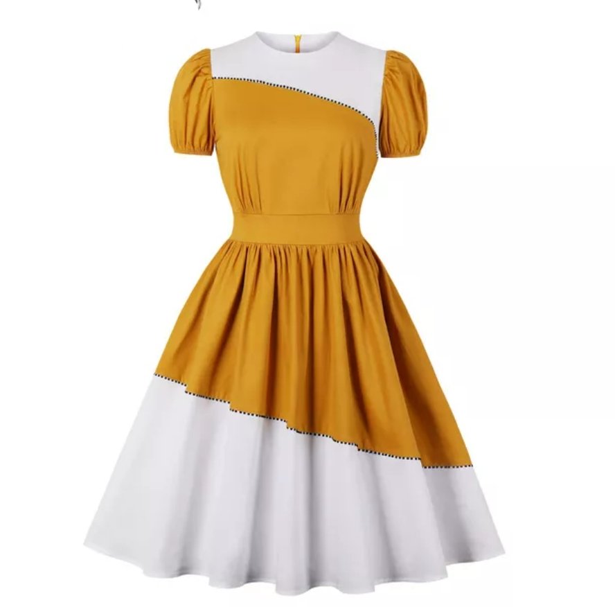 Grazioso Vestito Dal Design Vintage Giallo E Bianco