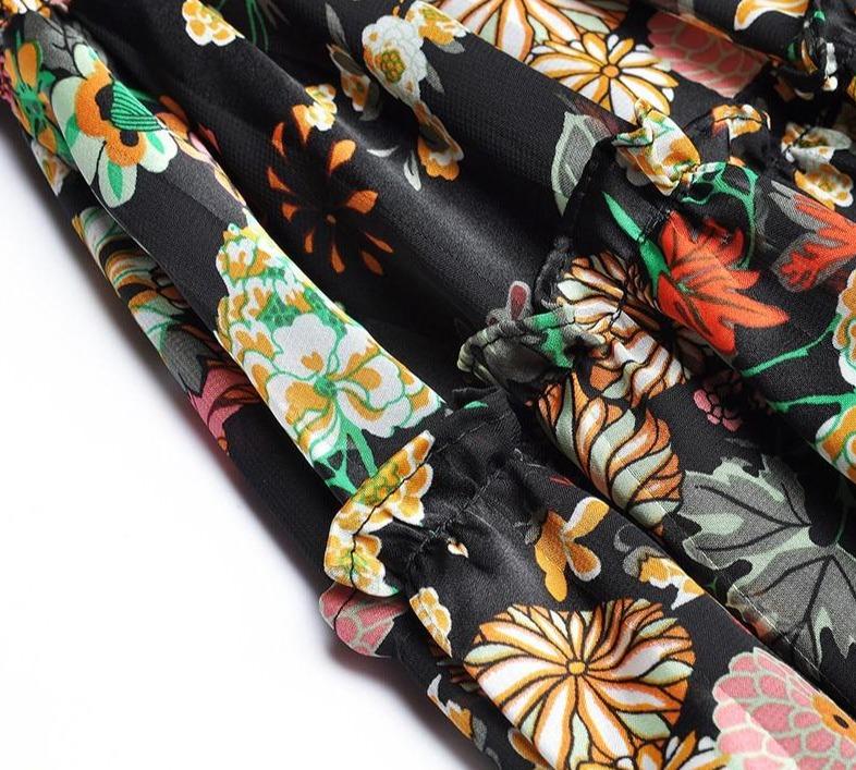 Abito Floreale Nero A Vita Alta Anni '40