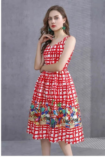 Abito A Quadri Rosso Vintage Anni '40