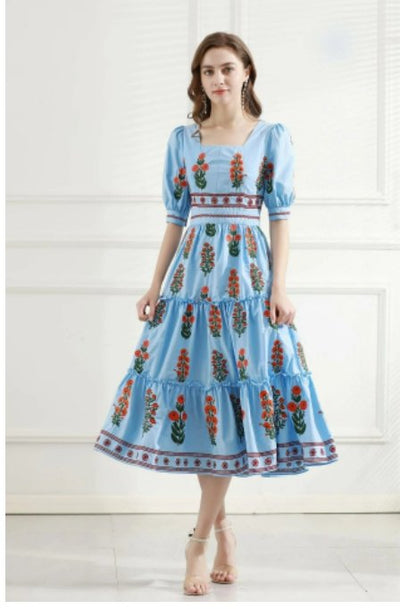 Abito Corto Floreale Vintage Blu