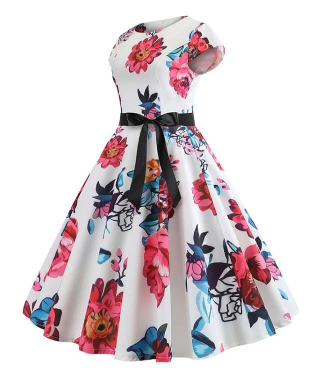 Abito Svasato Vintage Bianco E Rosa