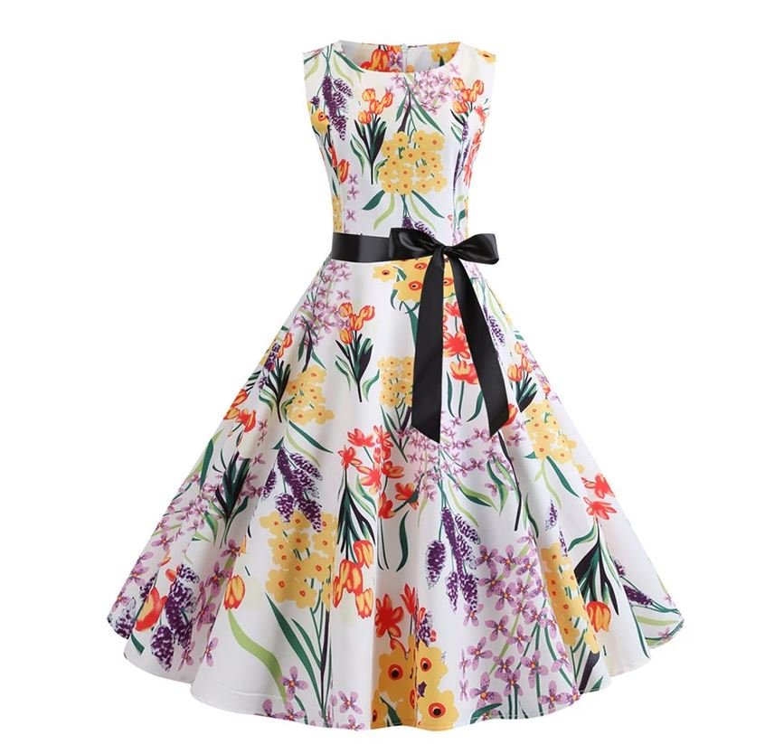 Bianco Abito Vintage Flare Fiori Caldi