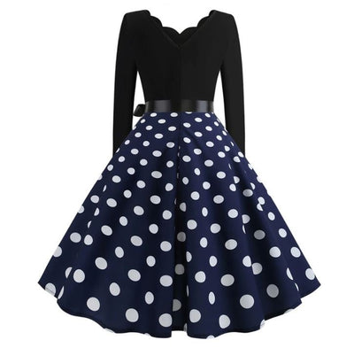 Abito Svasato Blu Navy Vintage Con Pois Bianchi