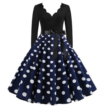 Abito Svasato Blu Navy Vintage Con Pois Bianchi
