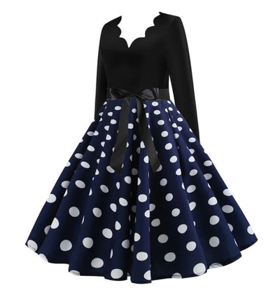Abito Svasato Blu Navy Vintage Con Pois Bianchi