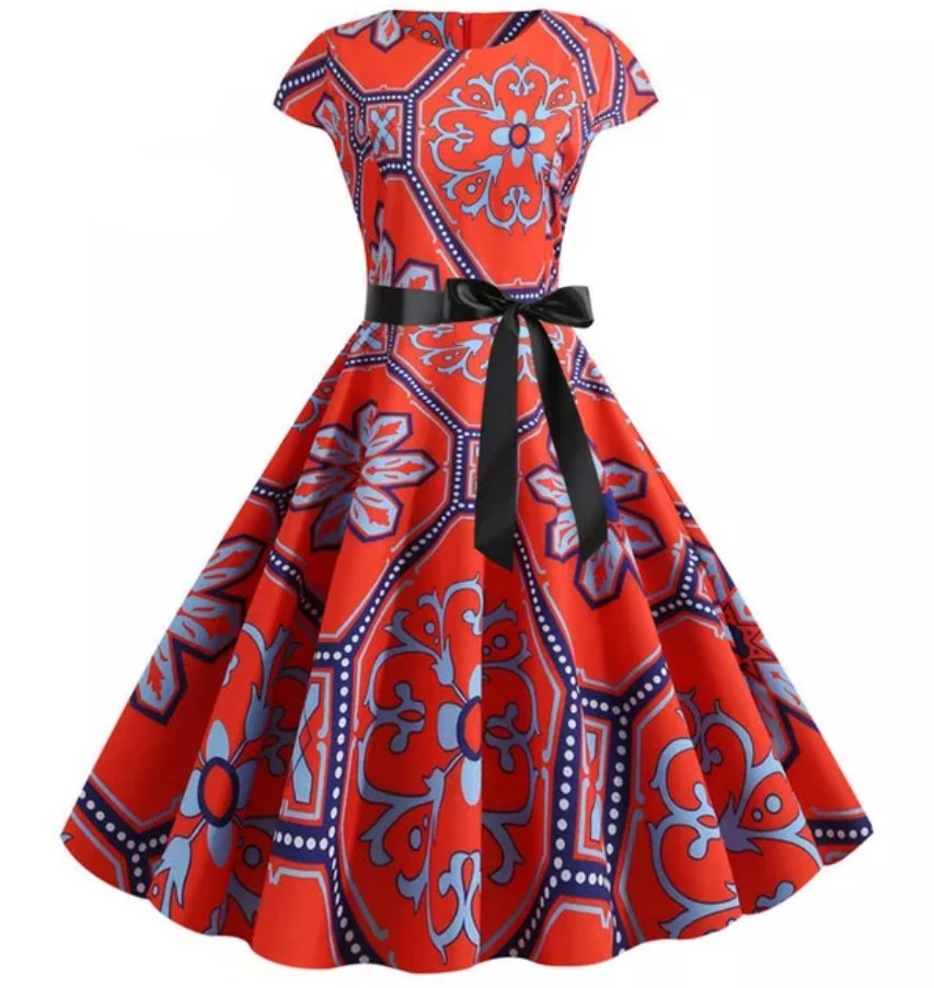 Abito Vintage Svasato Fiori Rossi