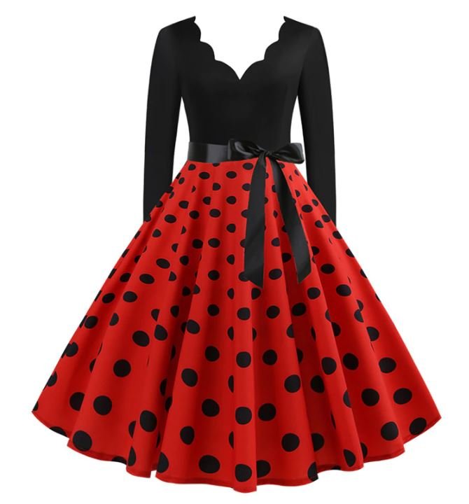 Abito Svasato Vintage Rosso A Pois Neri