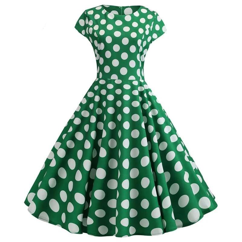 Abito Svasato Vintage Verde A Pois Bianchi