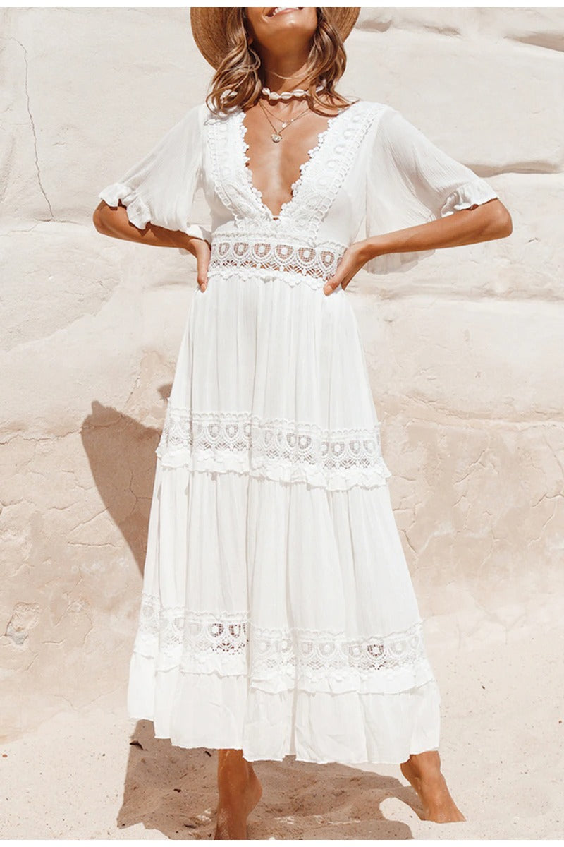 Abito Lungo In Pizzo Vintage Bianco