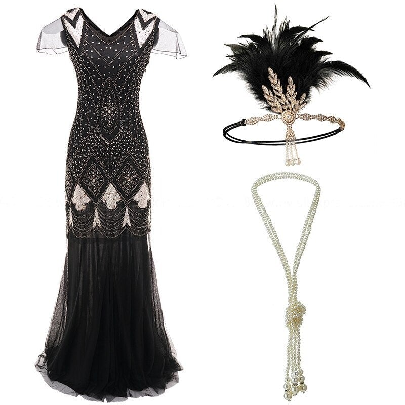 Maxi Abito Stile Anni '20 Nero E Oro