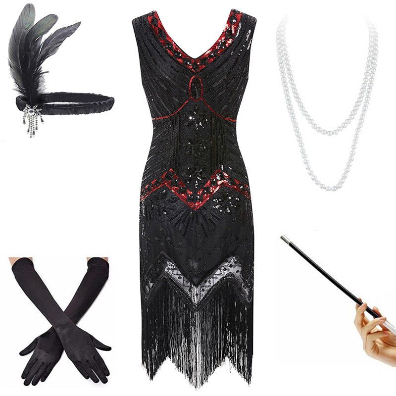 Abito Vintage Anni '20 Rosso E Nero (Con Accessori)