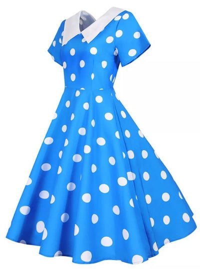 Abito Vintage Blu Con Pois Bianchi
