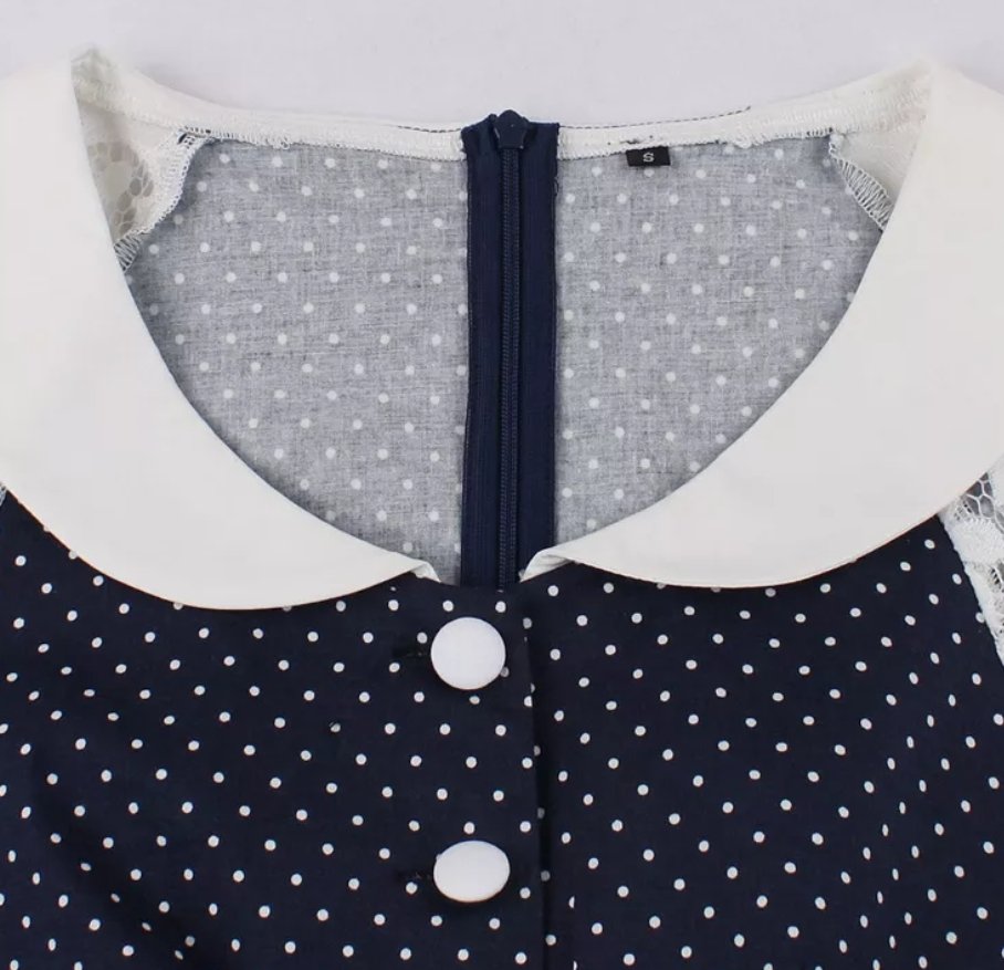 Abito Vintage Blu Con Colletto In Pizzo