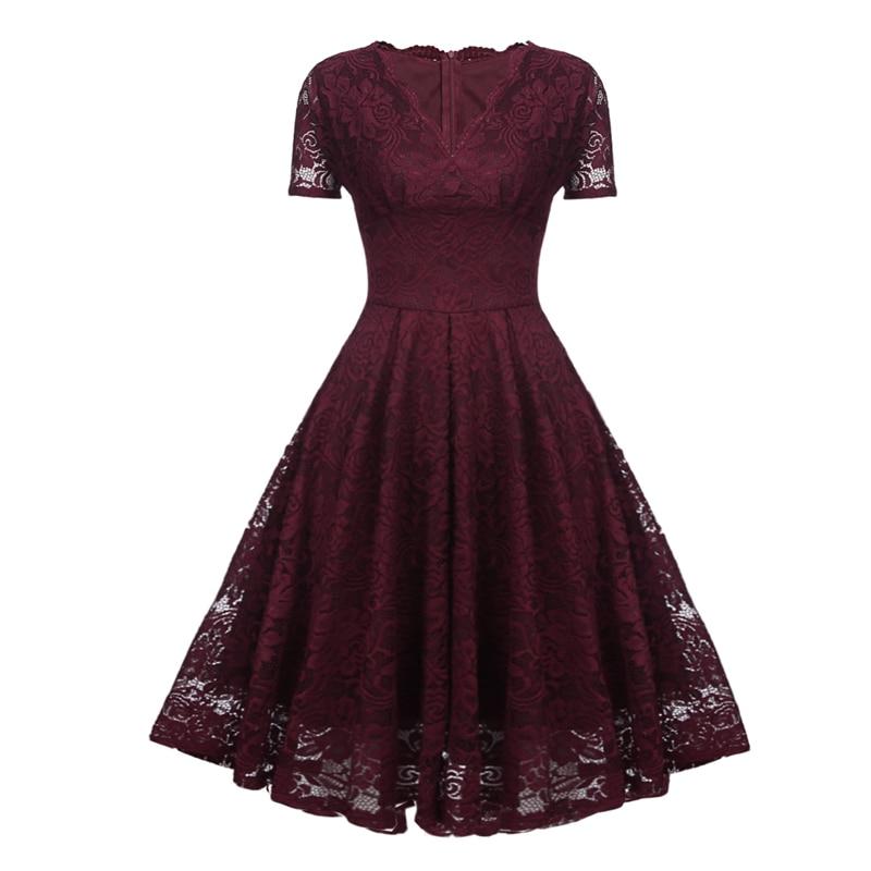 Abito Vintage Con Scollo A V In Pizzo Bordeaux