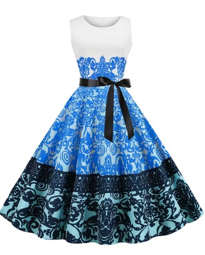 Abito Vintage Girocollo Fiori Bianchi