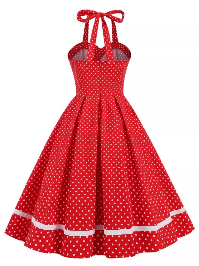 Abito Vintage A Pois Rosso Con Scollo Rotondo