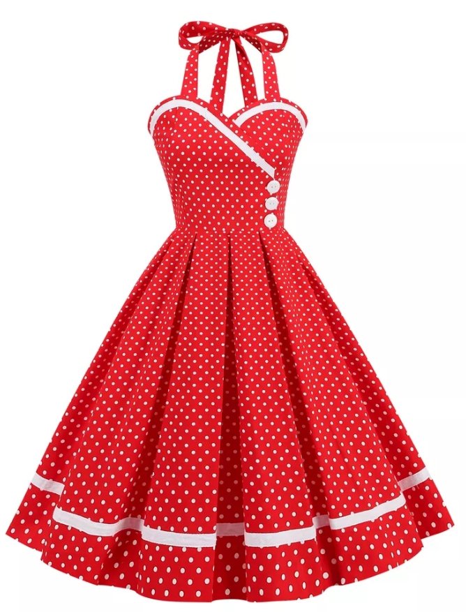 Abito Vintage A Pois Rosso Con Scollo Rotondo