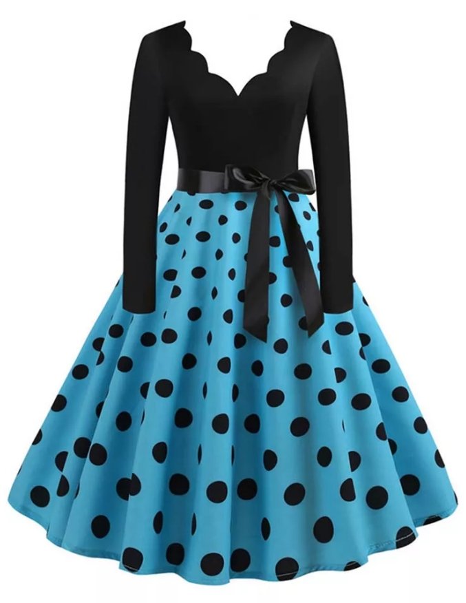 Abito Vintage Blu A Pois Rockabilly Taglie Forti