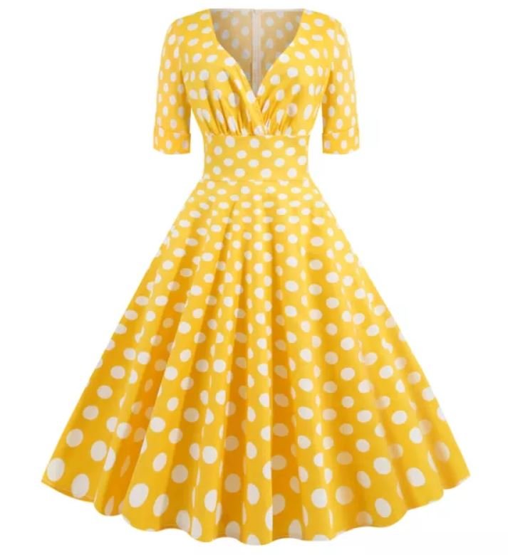 Abito Vintage A Pois In Cotone Giallo