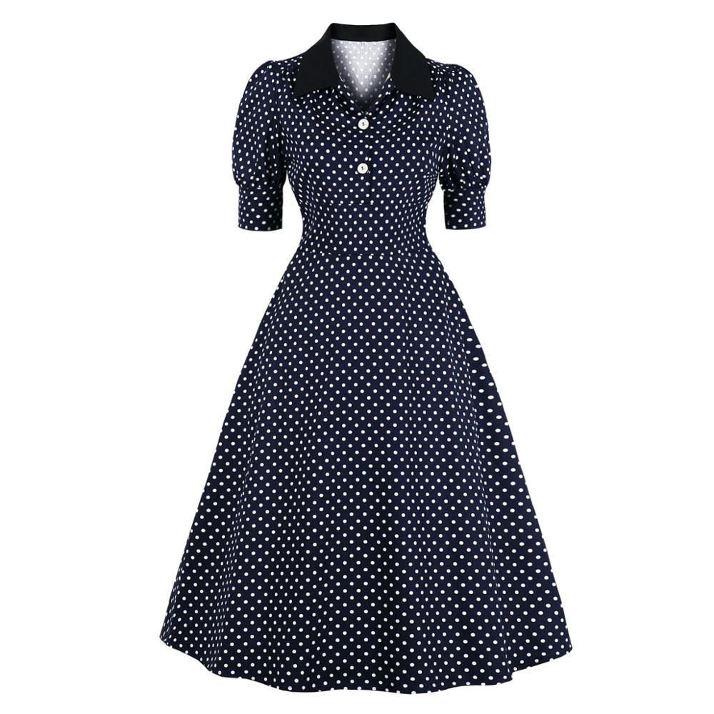 Abito Vintage A Pois Blu Scuro