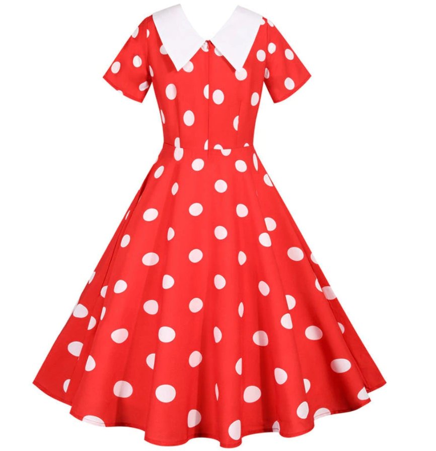 Abito Vintage Rosso A Pois Con Collo Largo