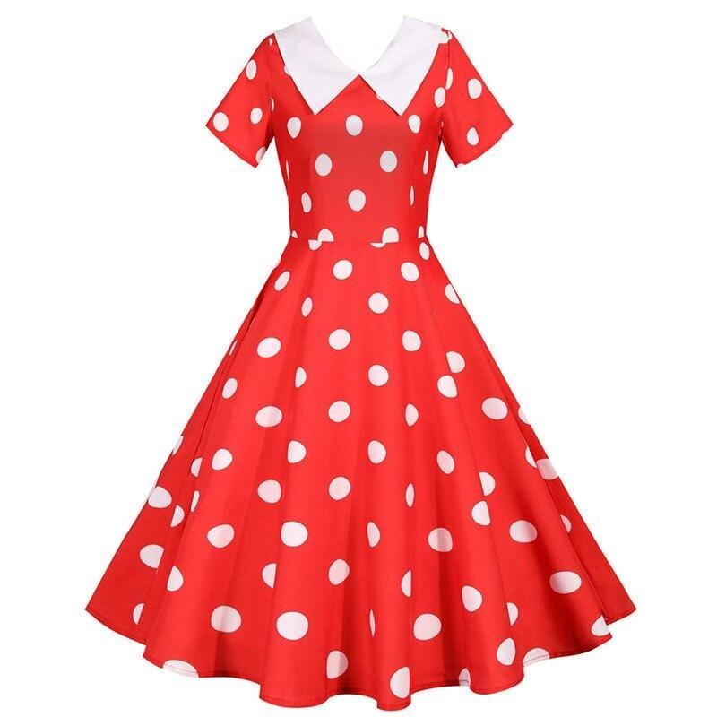 Abito Vintage Rosso A Pois Con Collo Largo