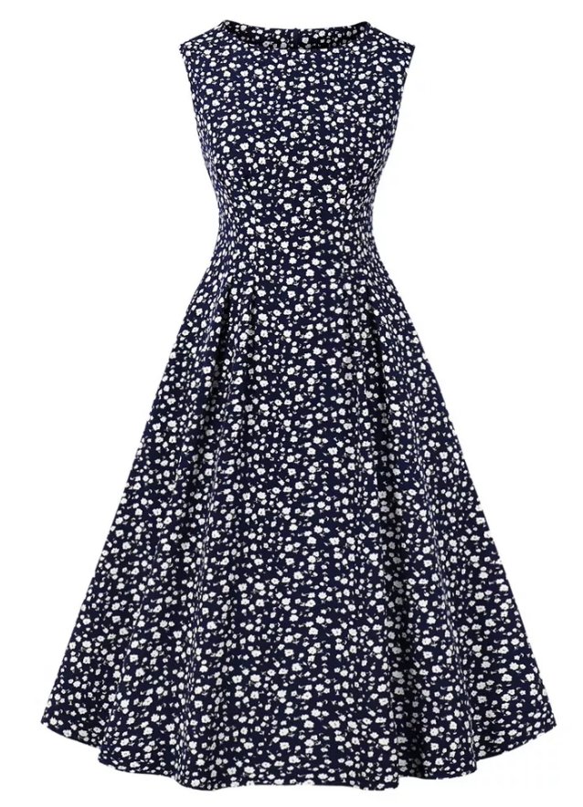 Abito Vintage Blu Scuro A Vita Alta