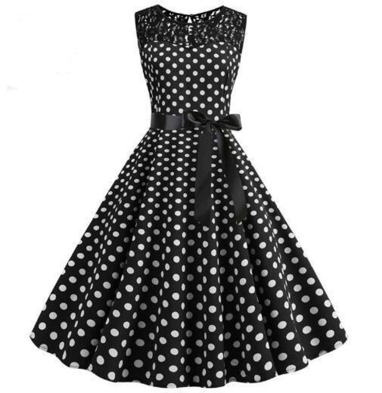 Abito Vintage In Pizzo Nero A Pois