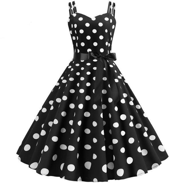 Abito Vintage Rockabilly Nero A Pois Bianchi